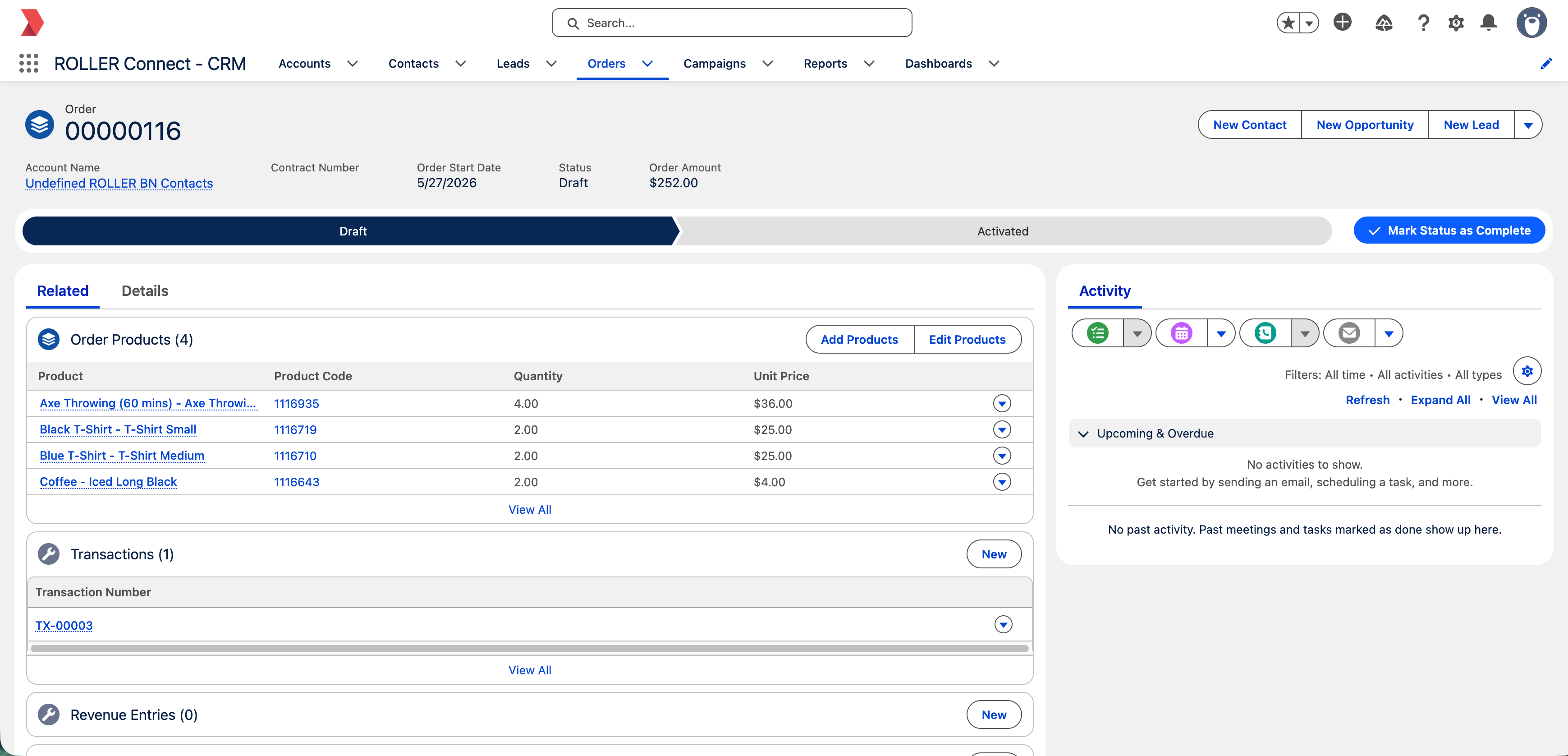 Order details for products including quantities and prices in a CRM interface.